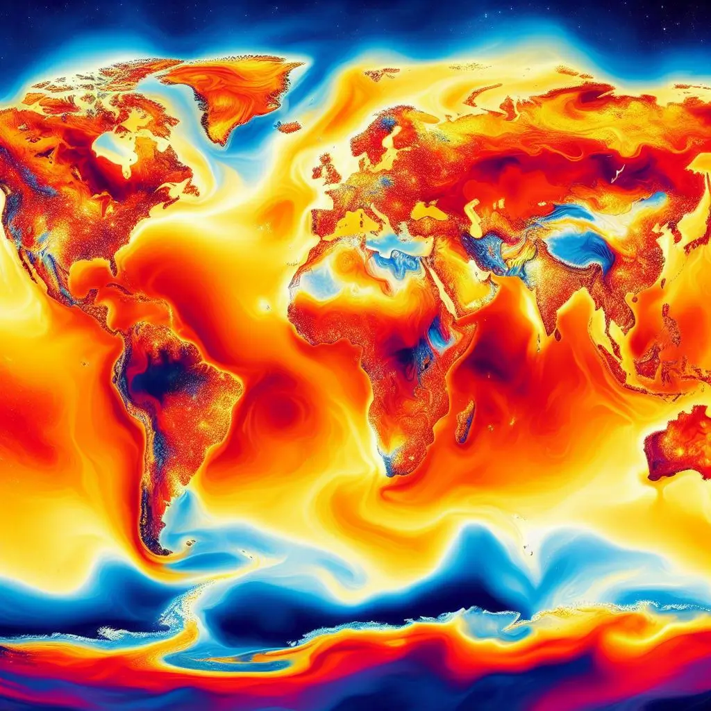 Em uma visão geral, a imagem é uma representação artística do mapa mundial, possivelmente representando variações de temperatura, níveis de elevação ou outro atributo mensurável. As cores e padrões mostram que os continentes são representados em cores quentes como vermelho, laranja e amarelo, sugerindo valores mais altos do atributo representado. Os oceanos e mares são ilustrados em tons mais frios, como azul e amarelo claro. Há um padrão fluido que dá à imagem uma aparência abstrata e dinâmica. Todos os principais continentes, incluindo Ásia, África, América do Norte, América do Sul, Europa, Austrália, estão visíveis com contornos detalhados. Os oceanos também são bem representados, com limites distintos que os separam dos continentes. A representação não é a distribuição exata do El Niño fenômeno discutido.