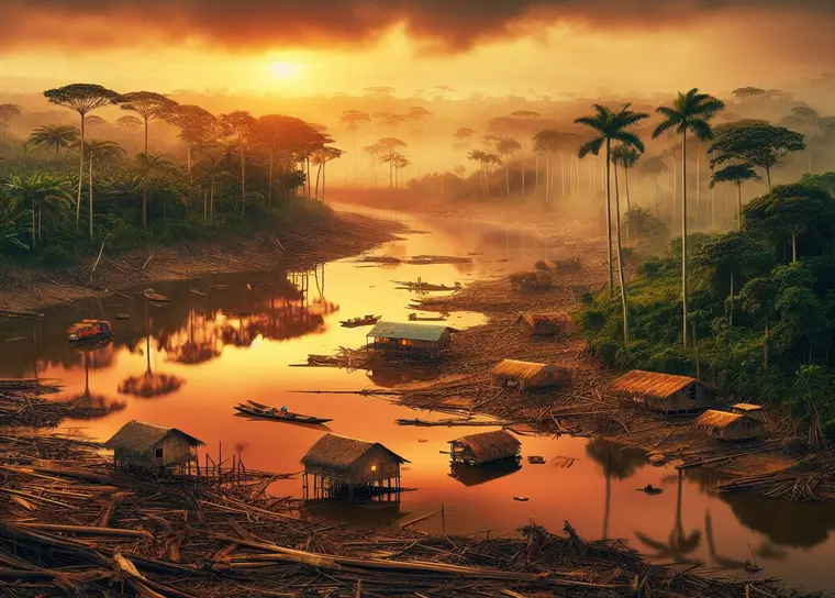 A imagem mostra uma paisagem serena de um povoado ribeirinho na Amazônia ao amanhecer. O sol está nascendo, emitindo um brilho dourado que ilumina a cena com tons quentes. A neblina suave cobre parte da floresta e da água, adicionando um toque místico à atmosfera. Há várias casas flutuantes simples e barcos ancorados ao longo do rio calmo. O reflexo do céu dourado na água cria uma sensação tranquila e pitoresca. Árvores altas emergem da névoa, destacando-se contra o céu iluminado. Esta imagem captura a beleza natural e a tranquilidade da vida ribeirinha na Amazônia, apesar do desmatamento que tem implicado em mudanças climáticas.