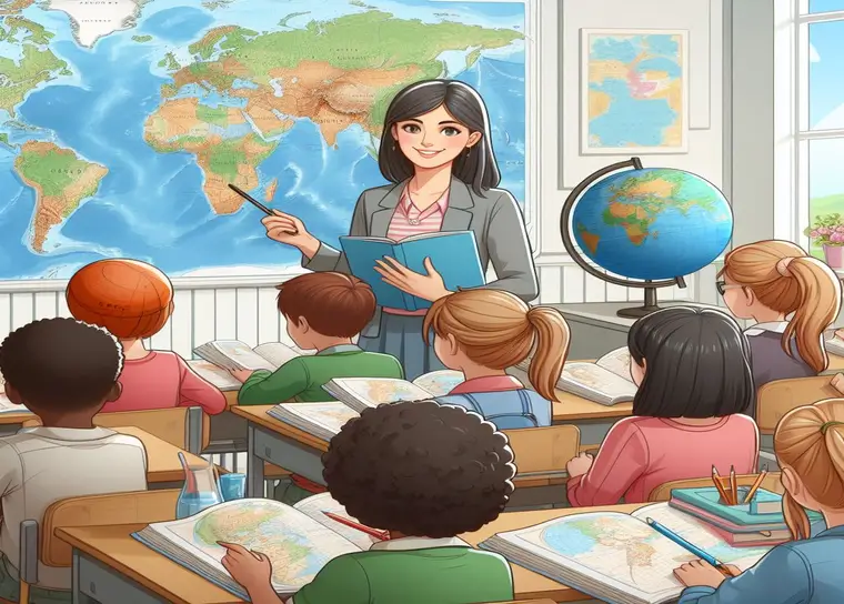 Uma professora segurando um livro e apontando para um mapa do mundo na parede, ensinando a uma sala de aula diversificada de alunos que estão olhando para os seus livros abertos. Um globo está à direita. A imagem representa como criar um plano de aula eficaz.