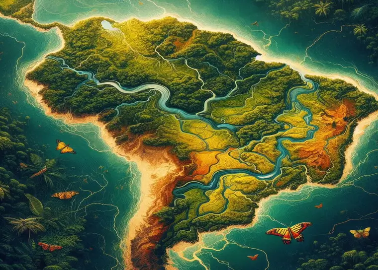 Mapa de parte do Continente Sul-Americano com o Brasil no Centro. O tema explorado na imagem é: " Explorando a Amazônia ".