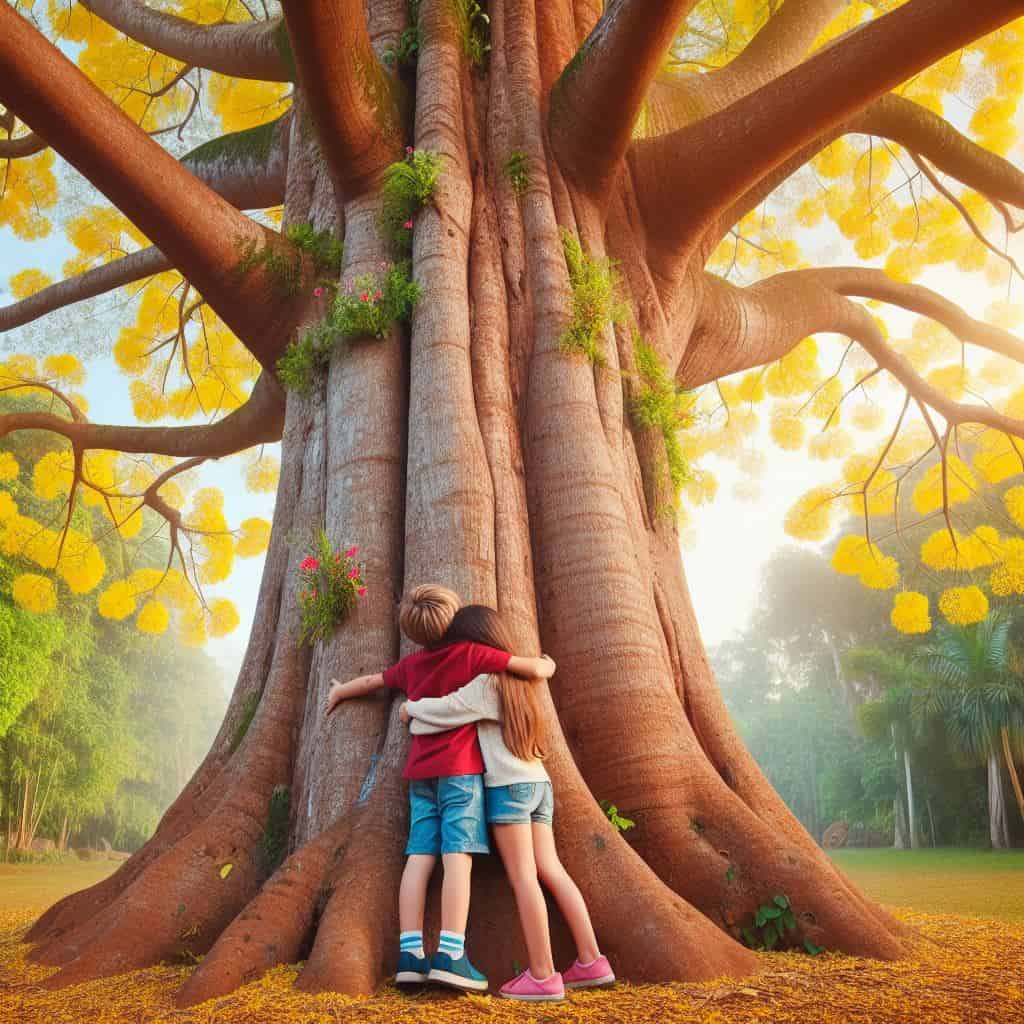 Duas crianças abraçando uma árvore, simbolizando a educação em sustentabilidade.