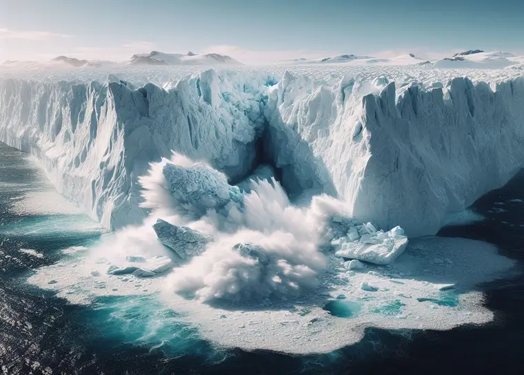 A imagem captura um momento dramático de um derretimento de geleira, com um grande pedaço de gelo se desprendendo e caindo no oceano, criando um respingo. A paisagem ao redor é dominada pelas imponentes paredes de gelo da geleira e pelas serenas, porém frias, águas do oceano.