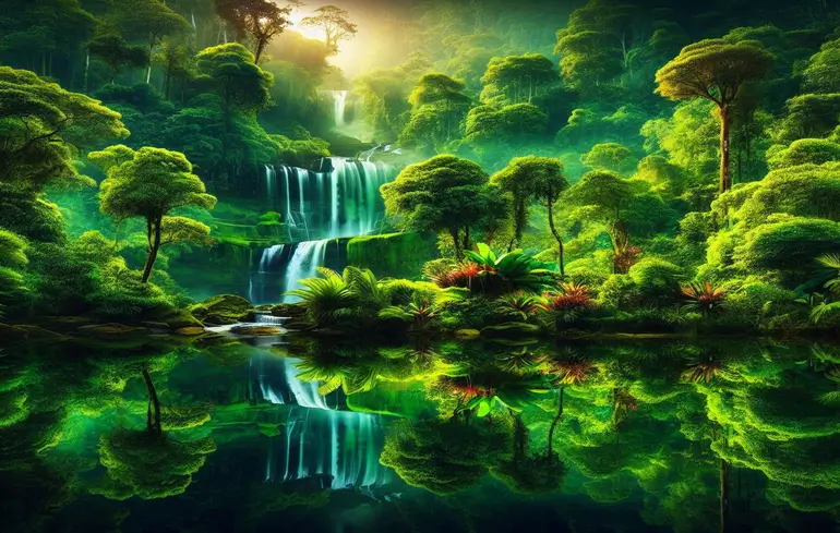 Uma vista deslumbrante de uma floresta verdejante e exuberante com vegetação diversificada ao redor de uma cachoeira serena que deságua em uma piscina calma, refletindo o entorno vibrante; um epítome de beleza natural e tranquilidade, exemplificando a importância da “Gestão de recursos hídricos”. Esta imagem captura a beleza etérea de uma cachoeira intocada em meio a uma floresta verde exuberante, ilustrando o esplendor intocado da natureza e enfatizando a importância de preservar tais ecossistemas.