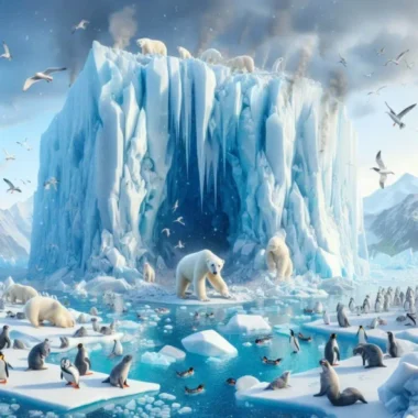 A imagem apresenta uma cena impressionante que ilustra o derretimento de geleira em um ambiente polar. Blocos de gelo e neve, evidenciando o derretimento, se desprendem e flutuam na água circundante. Este fenômeno é um testemunho visual do impacto das mudanças climáticas em nosso planeta. A imagem também destaca a rica biodiversidade da região polar, com a presença de diversos animais, incluindo ursos polares e focas, que habitam este cenário gélido. O céu azul claro e as montanhas ao fundo oferecem um contraste visual impressionante com o branco predominante do gelo e da neve. Esta imagem é um lembrete poderoso das transformações que nosso planeta está passando e da urgência de ações para mitigar os efeitos das mudanças climáticas.