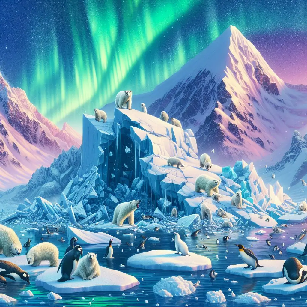 A imagem apresenta uma cena majestosa e surreal de um ambiente polar, iluminado pela deslumbrante aurora boreal que dança no céu noturno estrelado. O derretimento de geleira é evidenciada pela grande massa de gelo que se destaca no centro, mostrando sinais visíveis de derretimento e fragmentação. Barcos pesqueiros navegam pelas águas tranquilas, cercados por pedaços flutuantes de gelo. Uma variedade de animais polares, incluindo ursos polares, focas e pinguins, habitam a cena, ilustrando a rica biodiversidade da região. As montanhas cobertas de neve ao fundo servem como um lembrete silencioso da beleza frágil e efêmera deste ecossistema.
