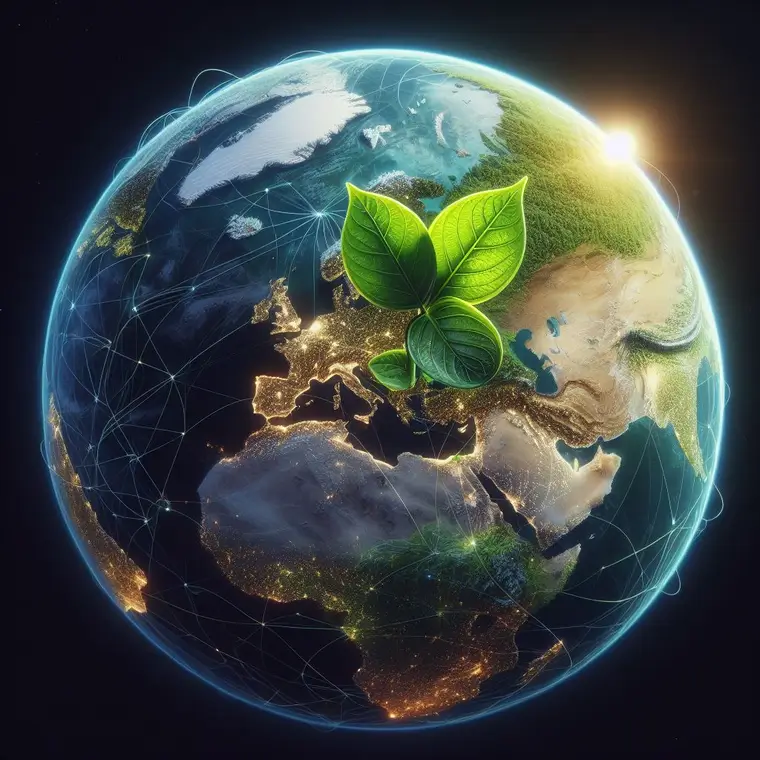 A imagem representa o planeta Terra, com uma folha verde vibrante sobre os continentes. Essa folha simboliza a sustentabilidade e o equilíbrio ecológico. As luzes das cidades indicam áreas urbanizadas, enquanto as linhas brancas conectam diferentes pontos ao redor do globo, possivelmente representando redes ou conexões globais. A imagem é uma representação do “Carbono Neutro e Carbono Zero” e sugere o objetivo de reduzir as emissões de carbono para proteger o planeta.