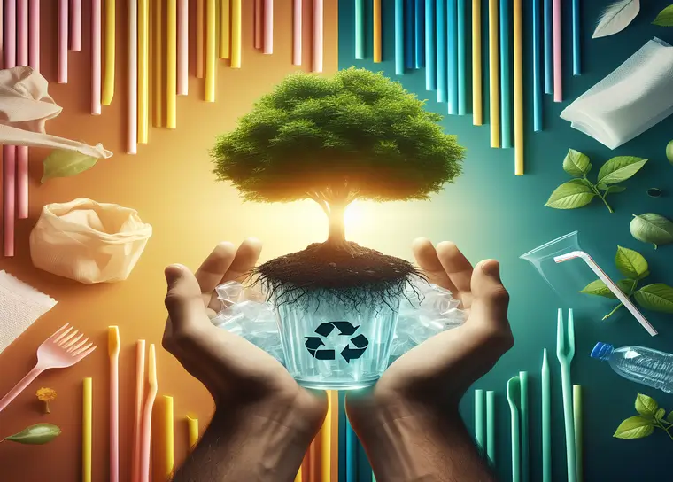 A imagem ilustra as mãos segurando um bulbo de luz transparente com um símbolo de reciclagem, do qual cresce uma árvore saudável. Isso simboliza os benefícios de produtos biodegradáveis para o meio ambiente.