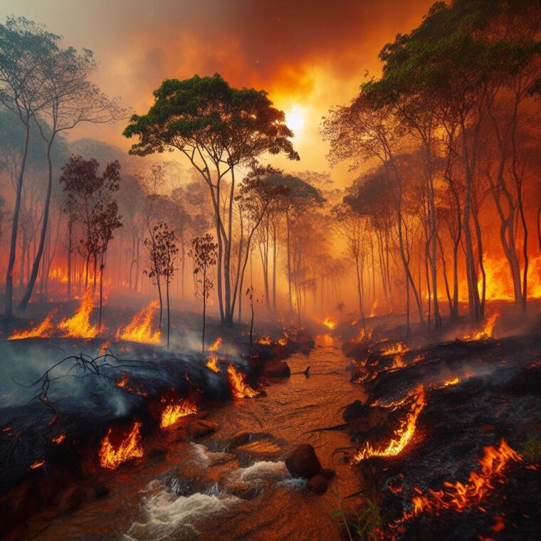 A imagem mostra a devastação dos Incêndios Florestais , com árvores e o solo em chamas sob um céu alaranjado e enfumaçado. As chamas estão consumindo as árvores e a vegetação rasteira. O fogo se espalha pelo solo, criando linhas de chamas que avançam pela floresta. Algumas árvores ainda permanecem em pé, mas estão cercadas pelo fogo. Rochas no primeiro plano estão visíveis entre as chamas que consomem o solo da floresta.