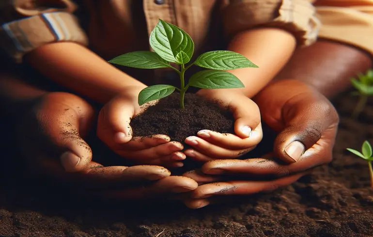 Mãos unidas segurando cuidadosamente um broto de planta emergindo de um solo fértil, simbolizando o renascimento e combate ao desmatamento.