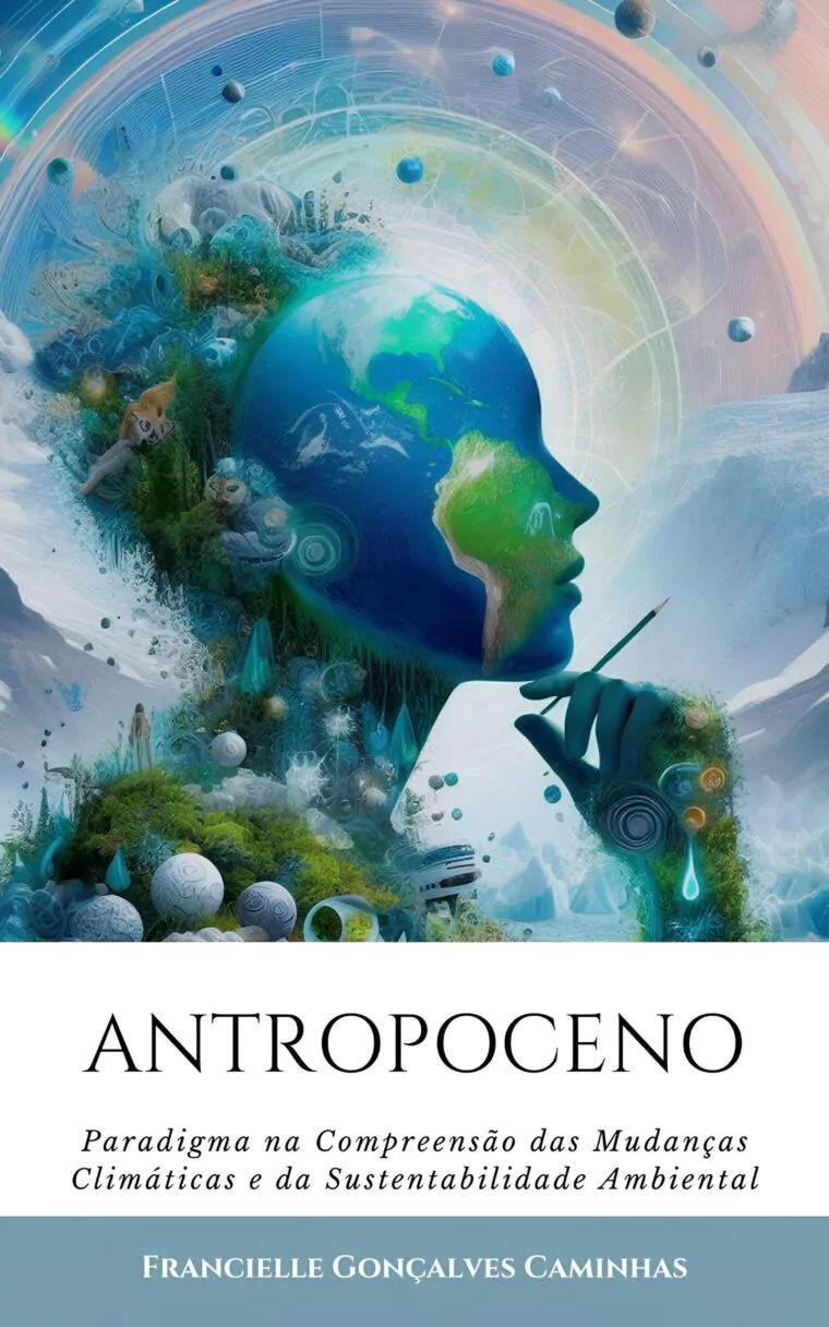 A imagem é a capa de um livro sobre o Antropoceno, uma era em que as atividades humanas estão transformando a biosfera. O título do livro é “ANTROPOCENO: Paradigma na Compreensão das Mudanças Climáticas e da Sustentabilidade Ambiental”, e a autora é Francielle Gonçalves Caminhas. A arte da capa é vibrante e complexa, apresentando uma representação artística do planeta Terra na forma de um perfil humano. O livro antropoceno é uma leitura interessante e relevante para aqueles que se preocupam com o meio ambiente e o futuro do nosso planeta.