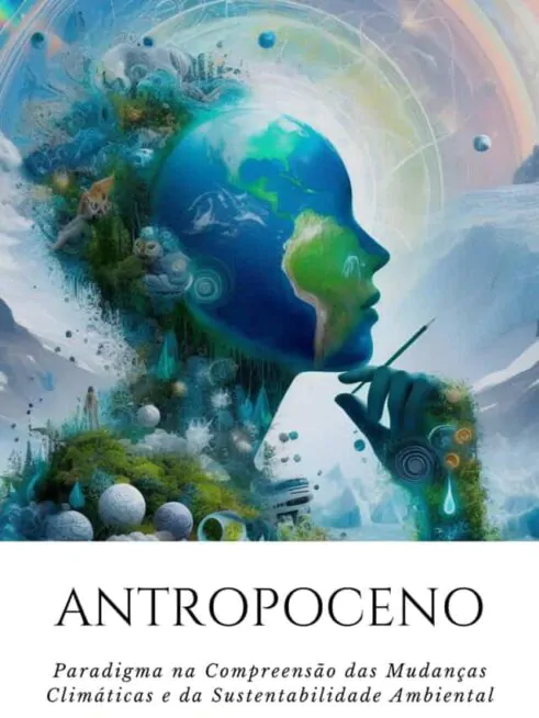 A imagem é a capa de um livro sobre o Antropoceno, uma era em que as atividades humanas estão transformando a biosfera. O título do livro é “ANTROPOCENO: Paradigma na Compreensão das Mudanças Climáticas e da Sustentabilidade Ambiental”, e a autora é Francielle Gonçalves Caminhas. A arte da capa é vibrante e complexa, apresentando uma representação artística do planeta Terra na forma de um perfil humano. O livro antropoceno é uma leitura interessante e relevante para aqueles que se preocupam com o meio ambiente e o futuro do nosso planeta.